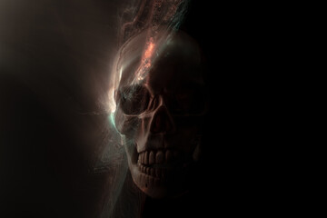 Mockup of a human skull on a black background with lines of light