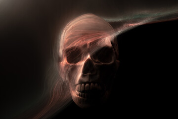 Mockup of a human skull on a black background with lines of light