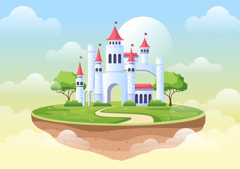 Naklejka premium Castle with Majestic Palace Architecture and Fairytale Like Forest Scenery in Cartoon Flat Style Illustration