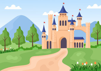 Obraz na płótnie Canvas Castle with Majestic Palace Architecture and Fairytale Like Forest Scenery in Cartoon Flat Style Illustration