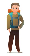 Little boy tourist backpacker. Teen with backpack on his back. Cheerful person. Standing pose. Cartoon comic style flat design. Single character. Illustration isolated on white background. Vector