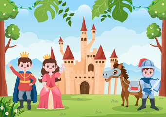 Prince, Queen and Knight with Horse in Front of the Castle with Majestic Palace Architecture and Fairytale Like Forest Scenery in Cartoon Flat Style Illustration