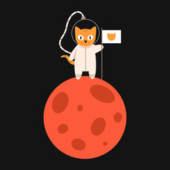 Vector cute cat in space puts a flag on a red planet. Cat astronaut in flat design. Funny animal astronaut standing next to a white flag. © Ulyana Mo