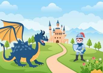 Obraz premium Prince, Queen and Knight with Dragon in Front of the Castle with Majestic Palace Architecture and Fairytale Like Forest Scenery in Cartoon Flat Style Illustration