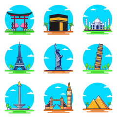 Basic RGB Travel, journey concept. Famous monuments of world countries. Vector illustration