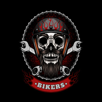 biker skull head with wrench vector illustration