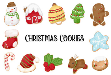 Fototapeta premium Hand drawn Christmas gingerbread cookies watercolor vector collection