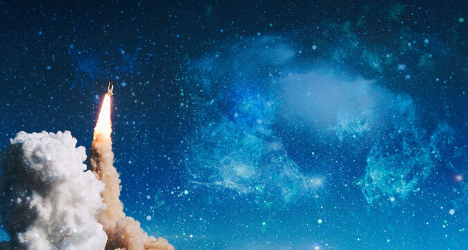 Spaceship flight. Starry sky and blue galactics. View on space shuttle and milky way. Elements of this image furnished by NASA