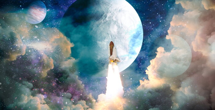 shuttle launch in the clouds to outer space. Dark space with stars on background.Spaceship flight. Elements of this image furnished by NASA