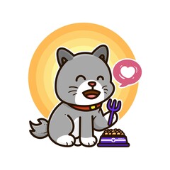 happy gray cat eat pet food adorable cartoon doodle vector illustration flat design style