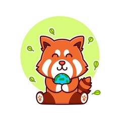 happy red panda and globe earth adorable cartoon doodle vector illustration flat design style