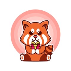 happy red panda and gift box birthday adorable cartoon doodle vector illustration flat design style