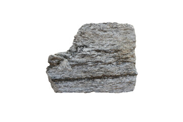 Cut out a piece of a raw specimen of gneiss stone isolated on white background. A foliated metamorphic rock. 