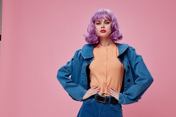 Beautiful fashionable girl purple hairstyle red lips denim jacket fun color background unaltered