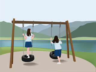 Child on Swing in illustration graphic vector