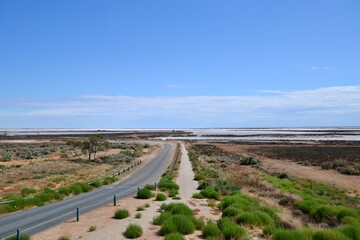 Road into salt pan at Lake Tyrrell National Park in outback Australia