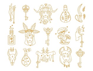Fototapeta na wymiar Mystic astrology icons. Hand drawn magic tarot signs, esoteric cult fairy design. Vector abstract zodiac symbols set