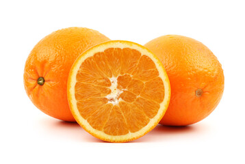 Whole orange fruit and his segments or cantles isolated on white background cutout