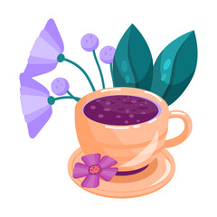 Cup of coffee with flowers. Cute vector illustration for your own design: greeting cards, cafe, restaurants, food business.