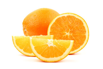 Whole orange fruit and his segments or cantles isolated on white background cutout