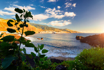 View of Santa Cruz de La Palma city from a small volcanic beach in Breña Baja town (La Palma,...