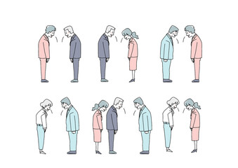 互いにお辞儀をしているビジネスマンのセット　コミカルな手書きの人物　ベクター、線画にシンプルな色つけ