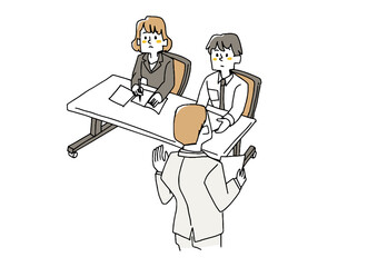 セミナー参加している男女　コミカルな手書きの人物　ベクター、線画にシンプルな色つけ　