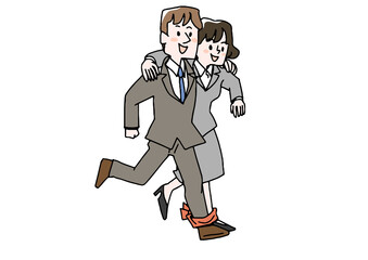 二人三脚で走るビジネスマン（男女）コミカルな手書きの人物　ベクター、線画にシンプルな色つけ　