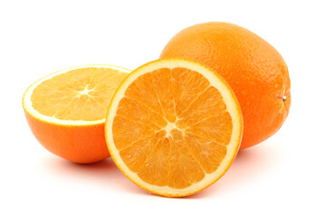 Whole orange fruit and his segments or cantles isolated on white background cu