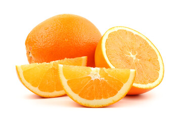 Whole orange fruit and his segments or cantles isolated on white background cu
