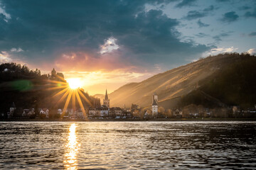 view across the Rhine to Bacharach, historic small town in Germany, Mainz Bingen. Castle, church...
