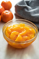 Canned tangerine. Pickled mandarin fruit in bowl.