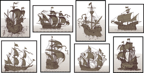 vector set of vintage ships in the style of medieval engraving