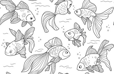 Seamless doodle pattern of golden fish. Black and white tropical fish background. Nautical silhouette. Set of isolated outline cartoon vector fish. Hand draw vector illustration. Wallpaper.