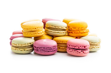 Sweet colorful macarons. Traditional french macaroons. Tasty dessert.