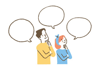 顎に指を当てる男女と吹き出し_色