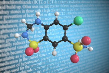 Molecular model of hydrochlorothiazide, 3D rendering