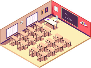 Isometric 3D vector illustration Interior class room for study, a classroom with school desks, chairs, blackboard and book. 3d suburban isometric illustration. Isolated on white vector