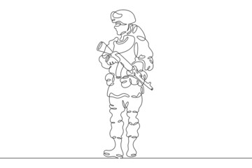 Fototapeta na wymiar One continuous line.Russian warrior on the attack. Modern Russian military man in combat gear. Soldier with weapons and helmet.Continuous line drawing.Line Art isolated white background.