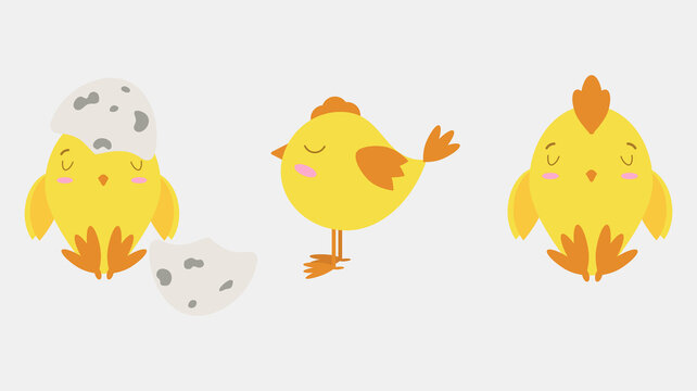 Set of cute cartoon chickens for easter design. Vector illustration.