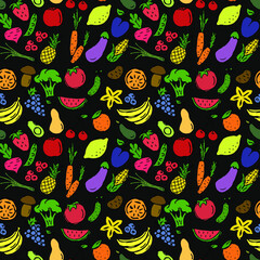 vector food icons. seamless pattern with food icons. icons of  vegetables and fruits.