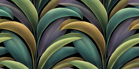 Bunte tropische Blätter, Dschungel. Nahtloses Muster, luxuriöses Wandbild, Tapeten. Exotische Vintage 3D digitale Illustration, dunkler Aquarellhintergrund. Moderne druckbare Kunst, Stoff, Wandteppich, Poster, Papier