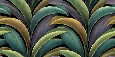Wallpaper murals Tropical Leaves Colorful tropical leaves, jungle. Seamless pattern, luxury mural, wallpapers. Exotic vintage 3d digital illustration, dark watercolor background. Modern printable art, fabric, tapestry, poster, paper