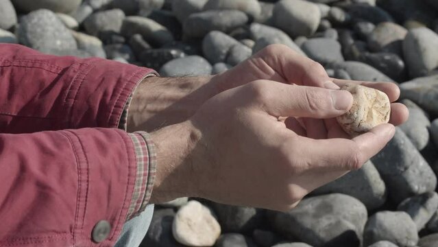Male hands hold beach pebbles against the background of the sea surf and the beach. Rest of an introvert on the coast in winter.