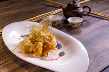 stir fried prawn with black pepper wasabi sauce and oat butter sauce chinese  halal menu on bamboo background