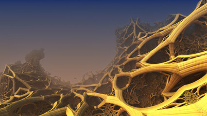 Alien planet render, abstract bacground 3D mysterious organic structures, life forms and remains of an ancient civilization, sci fi  render illustration. 
