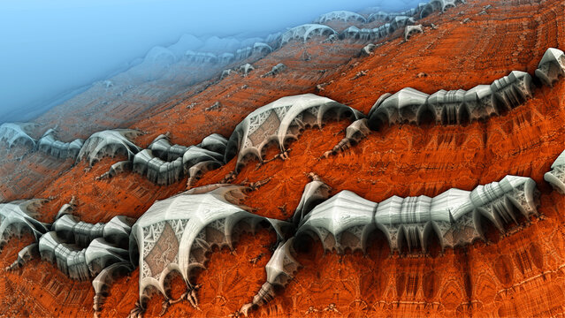 Alien Planet Render, Abstract Bacground 3D Mysterious Organic Structures, Life Forms And Remains Of An Ancient Civilization, Sci Fi  Render Illustration. 