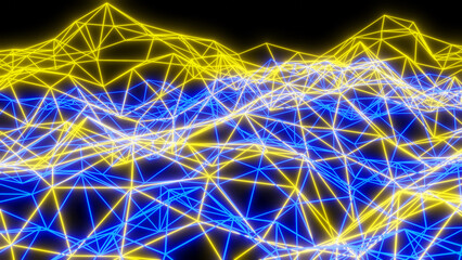 Abstract technology background with neon glowing lines on black, yellow blue striped sci fi  3D render background.