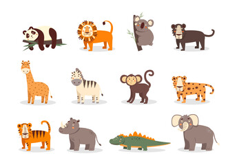 Fototapeta premium Wild animals set vector illustration isolated on white. Collection of cute cartoon animals: panda, koala, lion, panther, giraffe, zebra, monkey, leopard, tiger, hippo, rhinoceros, crocodile, elephant