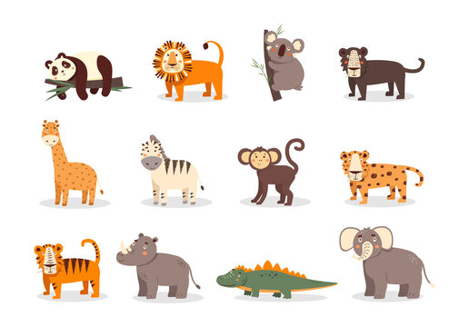 Wild animals set vector illustration isolated on white. Collection of cute cartoon animals: panda, koala, lion, panther, giraffe, zebra, monkey, leopard, tiger, hippo, rhinoceros, crocodile, elephant